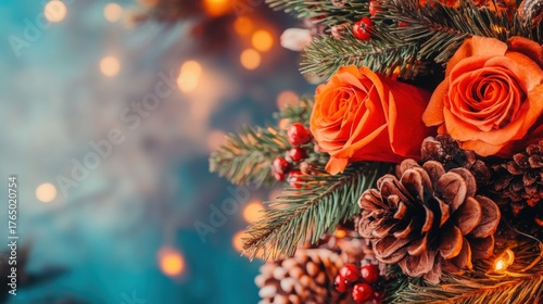 Fototapeta Naklejka Na Ścianę i Meble -  Decorative arrangement of orange roses and pinecones with lights