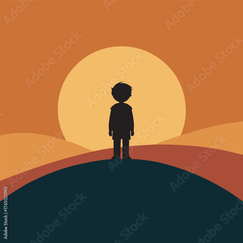 Child Watching Sunset Horizon Silhouette Vector Illustration