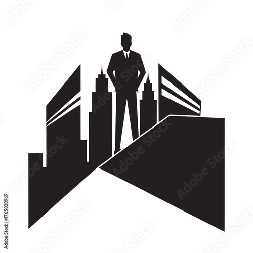 Man Looking Over City Skyline Horizon Silhouette Vector Scene