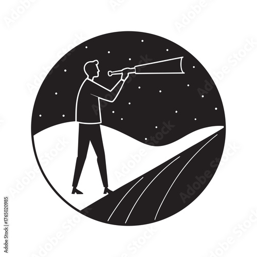 Man Looking Toward Horizon With Telescope Silhouette Vector Artwork