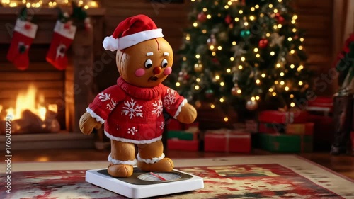 Gingerbread man standing on scale