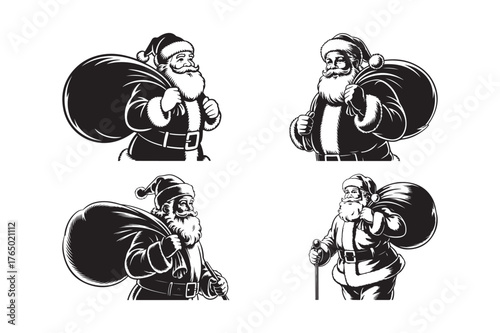 Four stylized black and white illustrations of santa claus with sacks