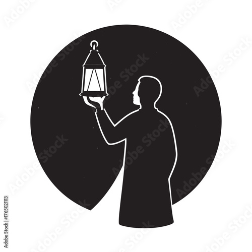 Person Holding Lantern Facing Horizon Silhouette Vector Artwork