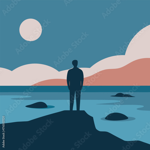 Person On Rocky Shore Horizon Silhouette Vector Illustration