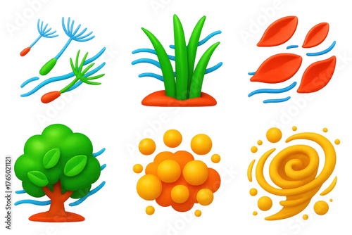 Dynamic Plant Icons. 3D icon set of plants in motion: dandelion seeds flying, grass swaying, flower petals drifting, tree leaves