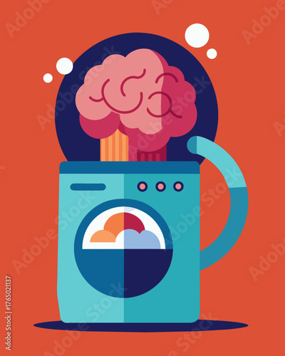 A chilling depiction of the brainwash cycle a washing machine with a calculating brain at its core.. Vector illustration
