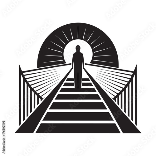 Person Standing On Bridge At Sunset Silhouette Vector Scene