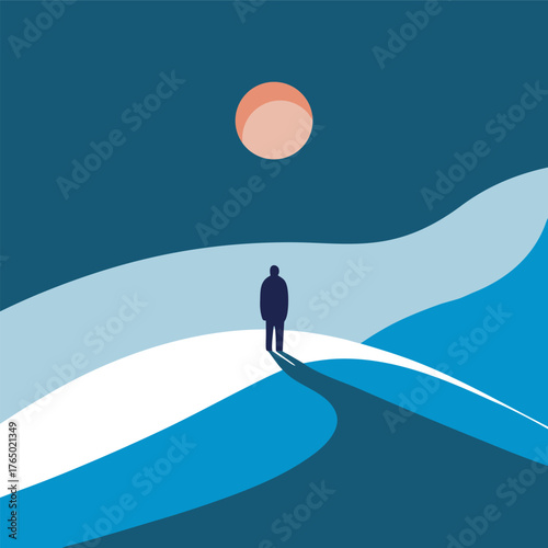 Person Standing On Snowy Hill Horizon Silhouette Vector Illustration