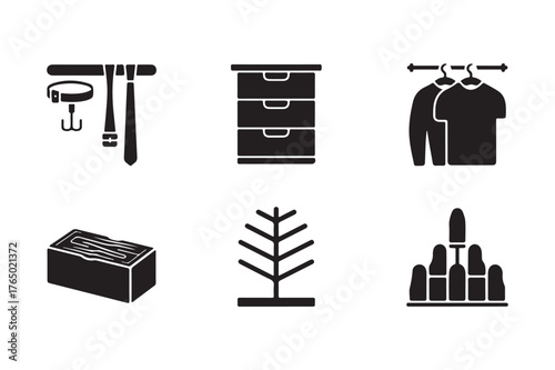 Collection of black and white icons representing household items and objects