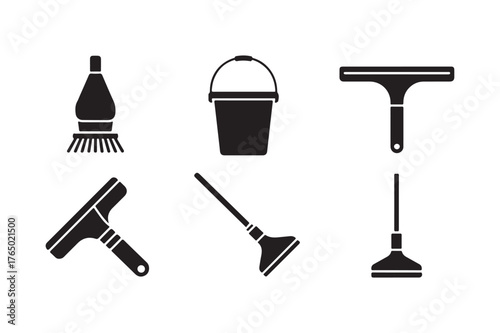 Collection of black silhouettes of cleaning tools and supplies