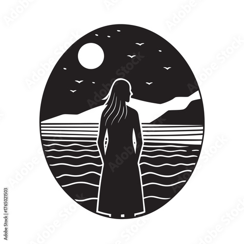 Woman Facing Ocean Horizon Silhouette Vector Illustration