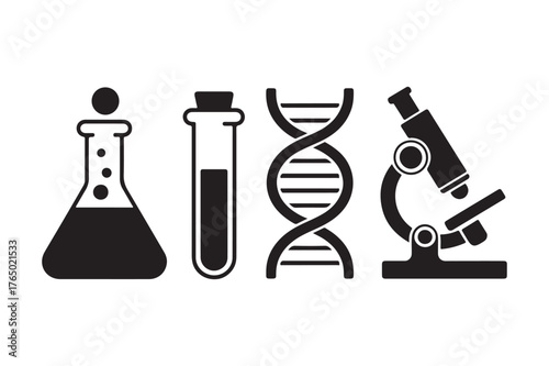 Science icons flask test tube dna and microscope