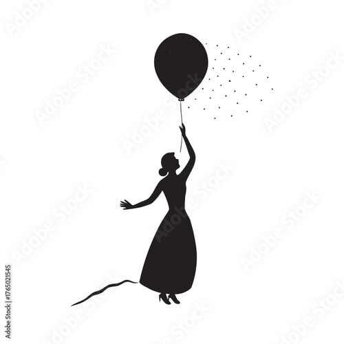 Woman Holding Balloon Toward Horizon Silhouette Vector Illustration