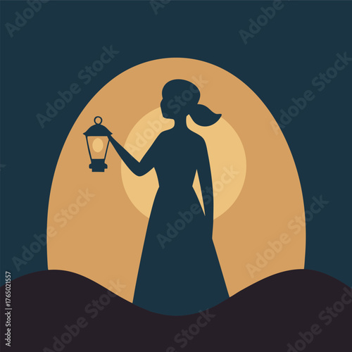 Woman Holding Lantern Facing Horizon Silhouette Vector Artwork
