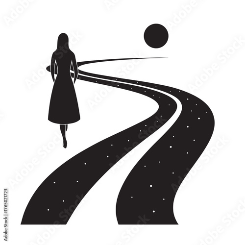 Woman Standing On Path To Horizon Silhouette Vector Illustration
