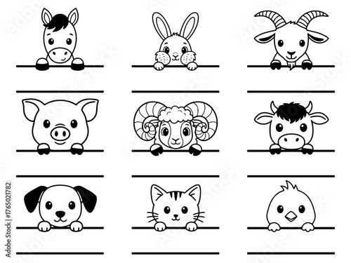 Peeking Farm and Domestic Animals Vector Line Art Bundle, Cute Heads, Split Monogram Template Set