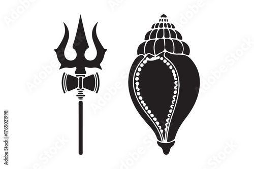 Hindu symbols trident and conch shell