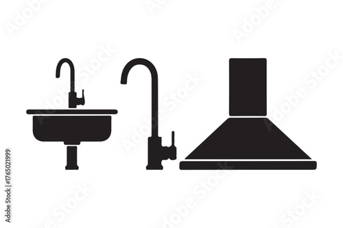 Black silhouette icons of kitchen sink faucet and range hood