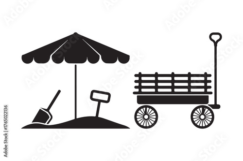 Beach umbrella shovel and wagon illustration
