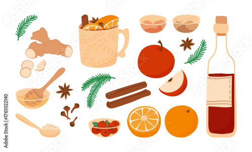 Christmas hot glintwein drink ingredients. Vector hand drawn illustration. Bottle, and cup of mulled wine with apples, ginger, orange fruits with cinnamon, cardamom and anise on white background.