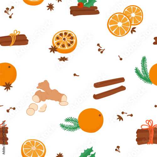 Seamless vector Christmas pattern. Christmas tree decorations, cinnamon sticks, ginger and oranges. Print for wrapping paper, fabric, textile.