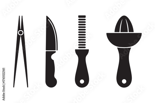 Black silhouette kitchen tools including tongs knife grater and juicer