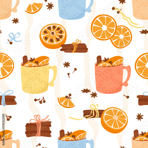Hot drink with orange fruits, cinnamon, cardamom and anise on a white background. Vector hand drawn illustration. Seamless pattern for wrapping paper and fabric print.