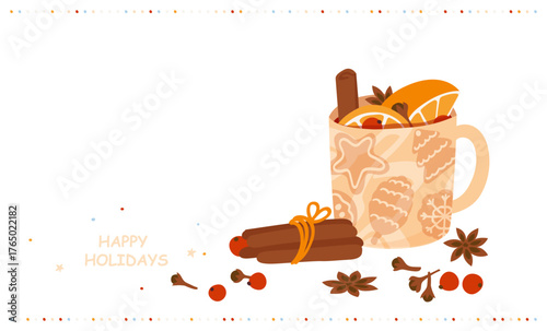 Mulled wine in a Christmas mug with spices and orange fruit. Vector illustration on white background. Happy winter holidays banner with copy space.
