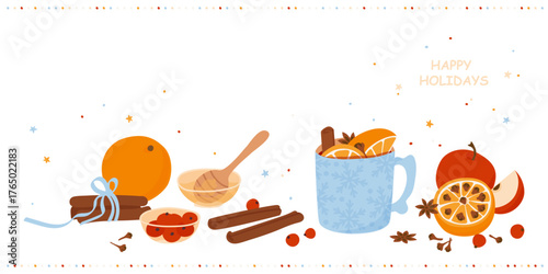 Mulled wine banner. Cup of mulled wine with oranges, apples, berries, ginger, anise, cardamon and cinnamon sticks. Hand drawn vector illustration.