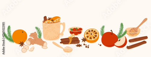 Mulled wine vector set. Cup of mulled wine with oranges, apples, ginger, anise, cardamon and cinnamon sticks.Hand drawn illustration.