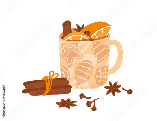 Mulled wine in a Christmas mug with spices and citrus fruit. Vector illustration isolated on white background.