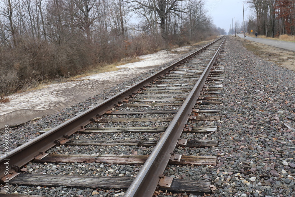 Fototapeta premium Railway Track Curving Slightly Right toward Horizon with Bare Trees and Light Snow