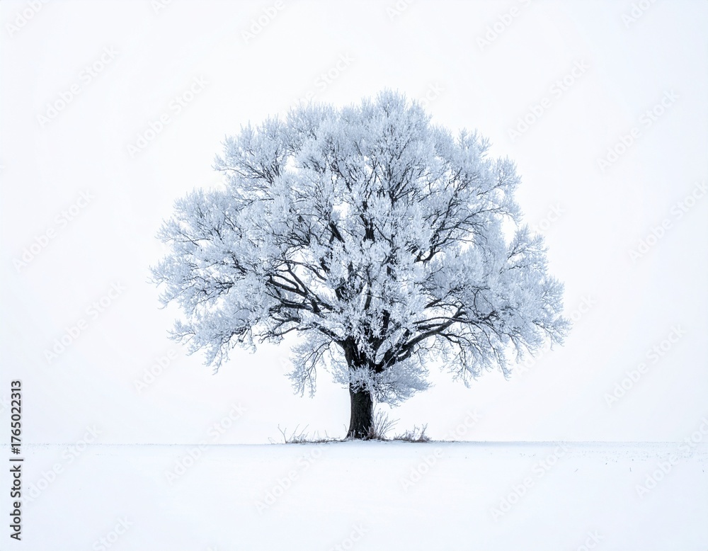 Fototapeta premium Majestic Bare Oak Tree Covered in Frost During Winter Against a Stark White Background