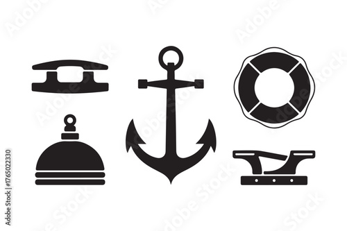 Nautical icons set anchor cleat buoy and life ring silhouettes