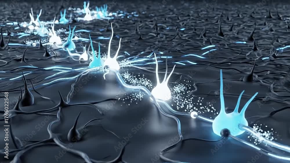 Microscopic view of glowing neurons firing and communicating, representing brain activity and neural networks