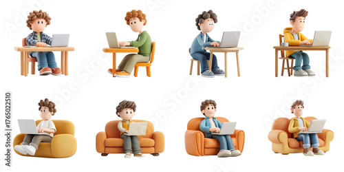 3D character man working die cut no bg png for productivity and work from home decoration purpose.