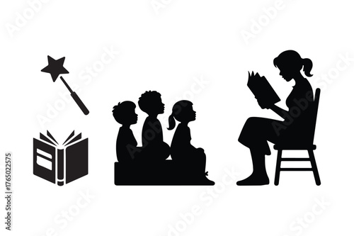 Silhouette of a woman reading to children with story elements