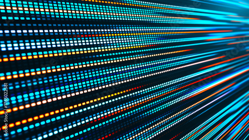 An illustration with many colored glowing lines and square segments going into the distance. The effect of movement from neon light. Suitable for themes related to technology, futurism and club visual