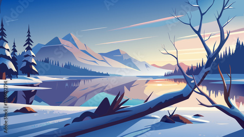 Very beautiful minimalist winter landscape with a fallen tree resting near the icy shore of Frog’s Eye Lake in Masuria, Poland.