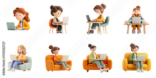 Plasticine 3d woman png isolated working collection in many action for work and focus purpose.