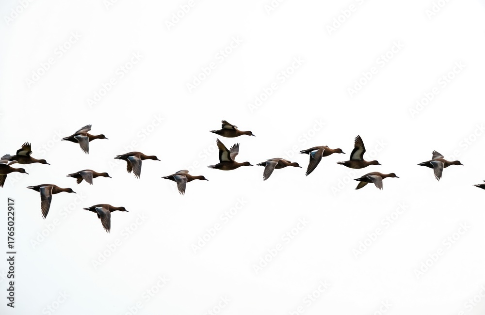 Obraz premium Flock of Lesser Whistling Ducks fly against white sky. Birds are in motion. Ducks fly during migration. Group of birds migrate to warmer regions. Wings motion of avian creatures.