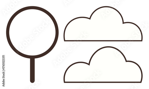 Magnifying glass and two large cloud outlines in simple black line design. Ideal for search, technology, connection, navigation, online storage, discovery, knowledge. Clean simple flat metaphor