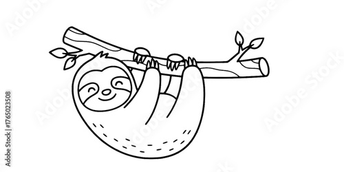 Cute Smiling Sloth Simple Line Art Coloring Page Vector