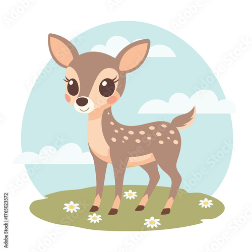 Cute fawn in a sunny meadow. Forest animal with landscape.
