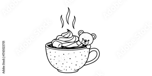 Cozy Hot Chocolate Mug and Teddy Bear Line Art Vector