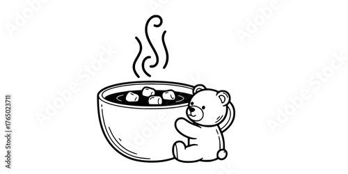 Cozy Hot Chocolate Mug and Teddy Bear Line Art Vector