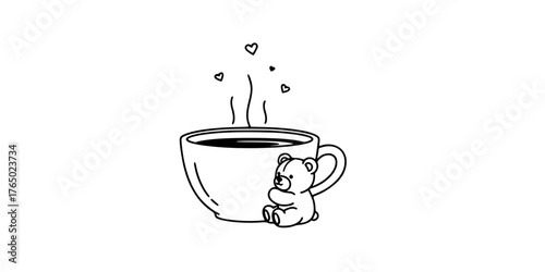 Cozy Hot Chocolate Mug and Teddy Bear Line Art Vector