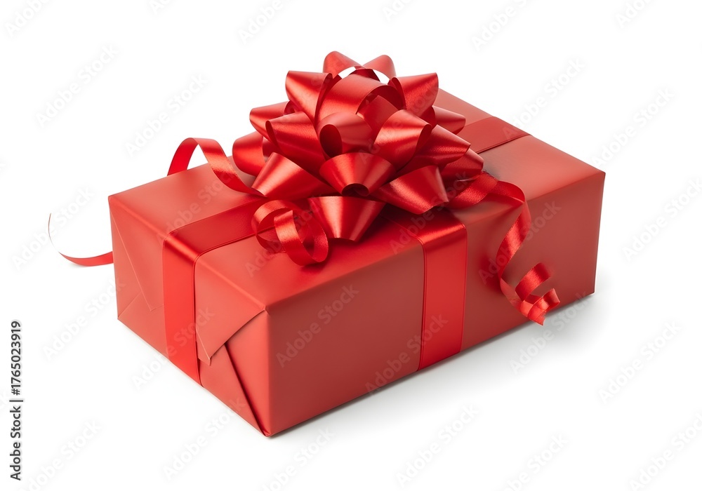 Fototapeta premium A perfectly wrapped red gift box with a lush red bow, ideal for conveying surprise and thoughtful giving for any occasion