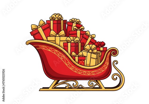 A festive red sleigh overflowing with gold and red wrapped presents, perfect for holiday greetings and Christmas cheer.