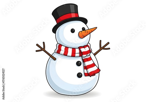 Happy snowman with black top hat and red striped scarf on white background, cute winter character with carrot nose and coal buttons illustration